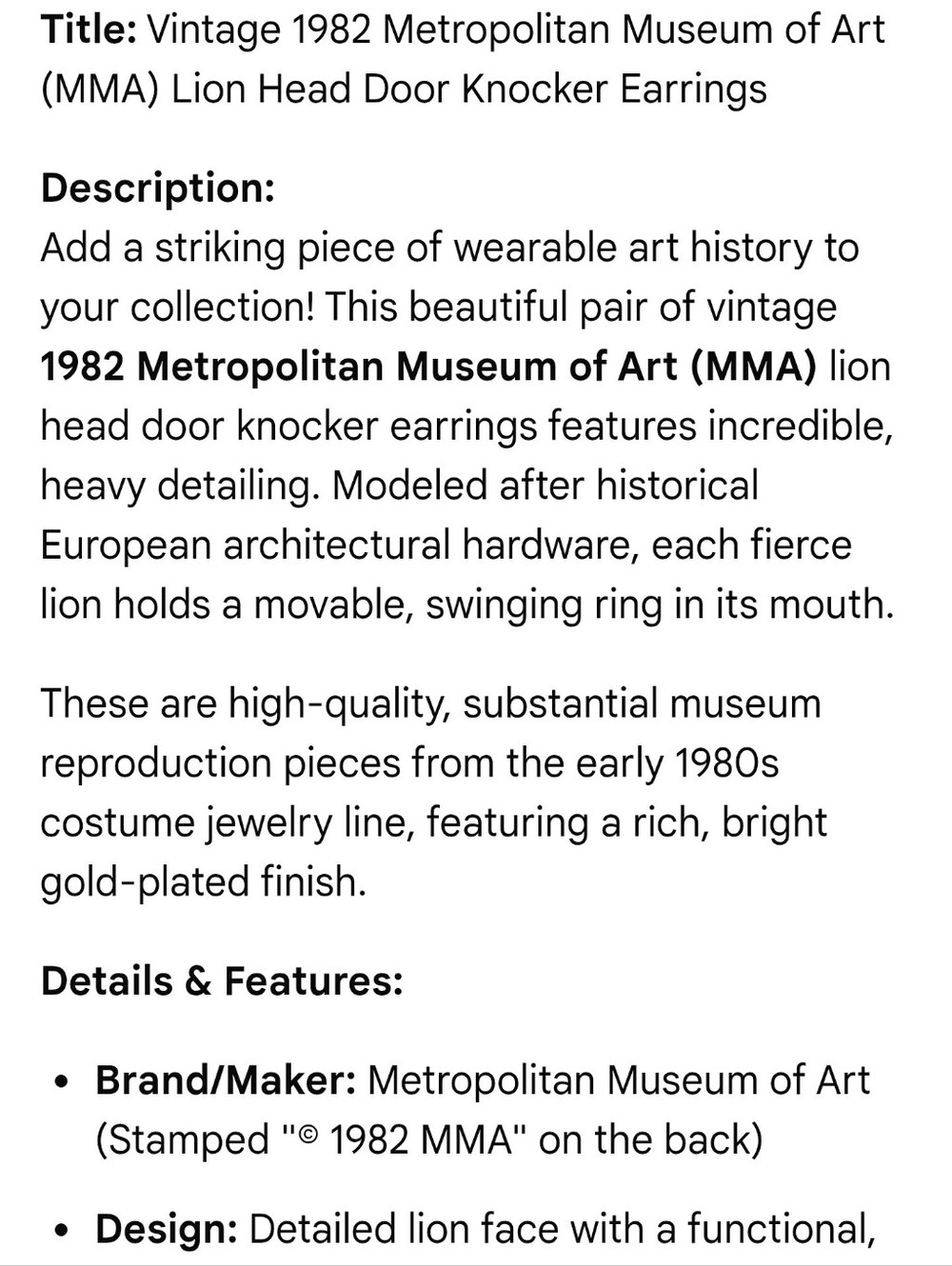 Metropolitan Museum Of Art Lions Head Earrings 1982 And Pin - Picture 6 of 6